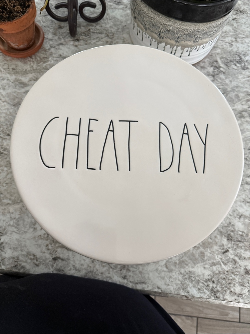 Rae Dunn White "CHEAT DAY" Ceramic Cake Stand